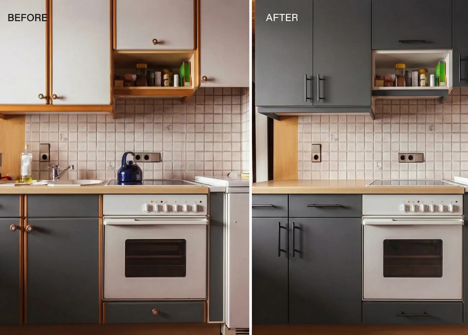 Kitchen cabinet transformation showing before and after vinyl wrap installation